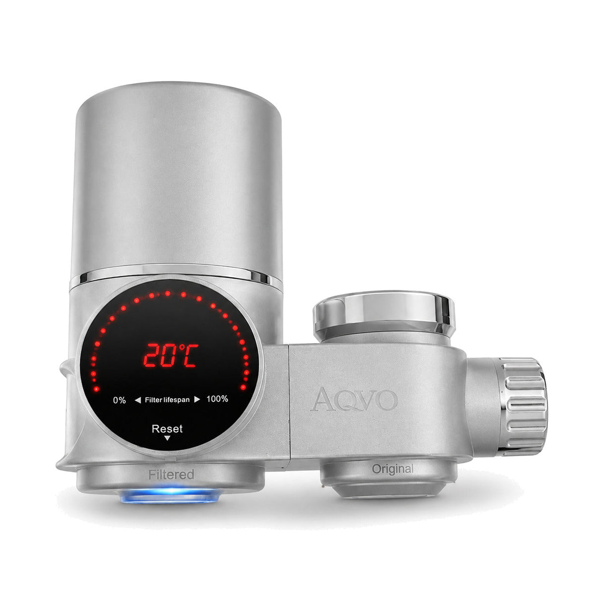 AQVO tap filter in silver, showing the filter-life display, water temperature readout and the Filtered and Original outlets