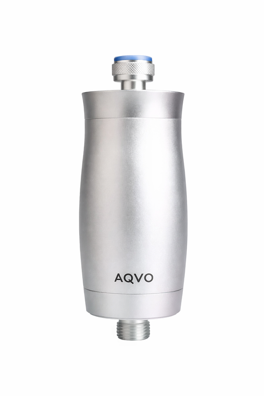 AQVO shower filter housing in brushed silver — engineer-designed for standard Australian shower fittings