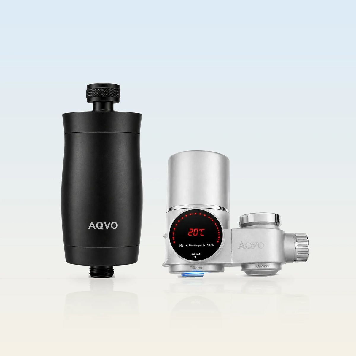 AQVO Home Essentials Bundle — matte black shower filter and silver tap filter together (illustrative background)