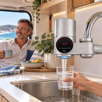 AQVO tap filter fitted to a caravan kitchen tap — illustrative image
