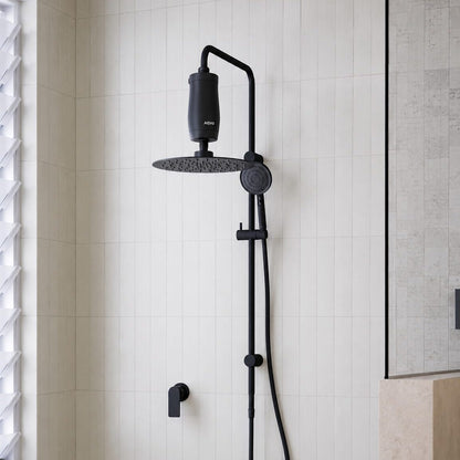 AQVO shower filter in matte black installed on a black rail shower in a tiled bathroom