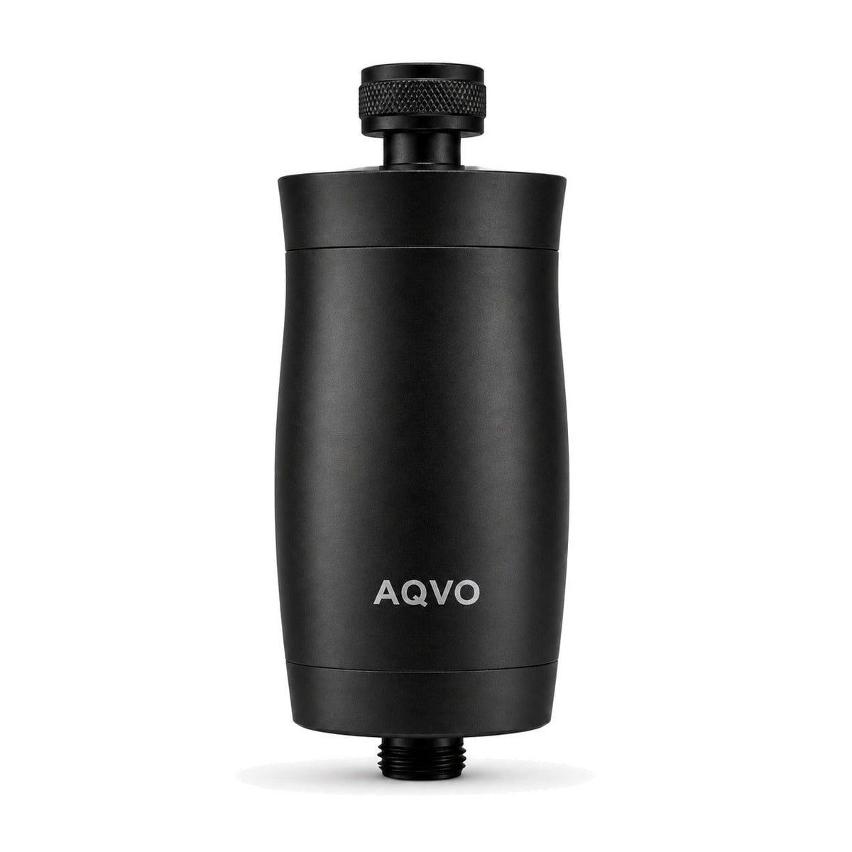 AQVO shower filter in matte black, showing the all-aluminium housing and 1/2 inch outlet thread