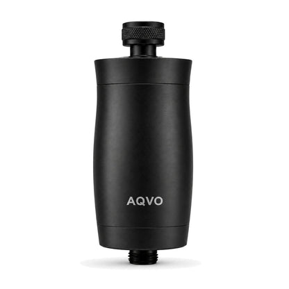 AQVO shower filter in matte black, showing the all-aluminium housing and 1/2 inch outlet thread