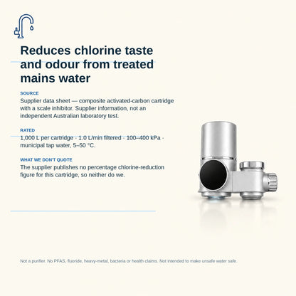 AQVO tap filter evidence summary: reduces chlorine taste and odour from treated mains water, supplier data, rated 1,000 L, not a purifier