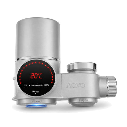 AQVO tap filter in silver, showing the filter-life display, water temperature readout and the Filtered and Original outlets